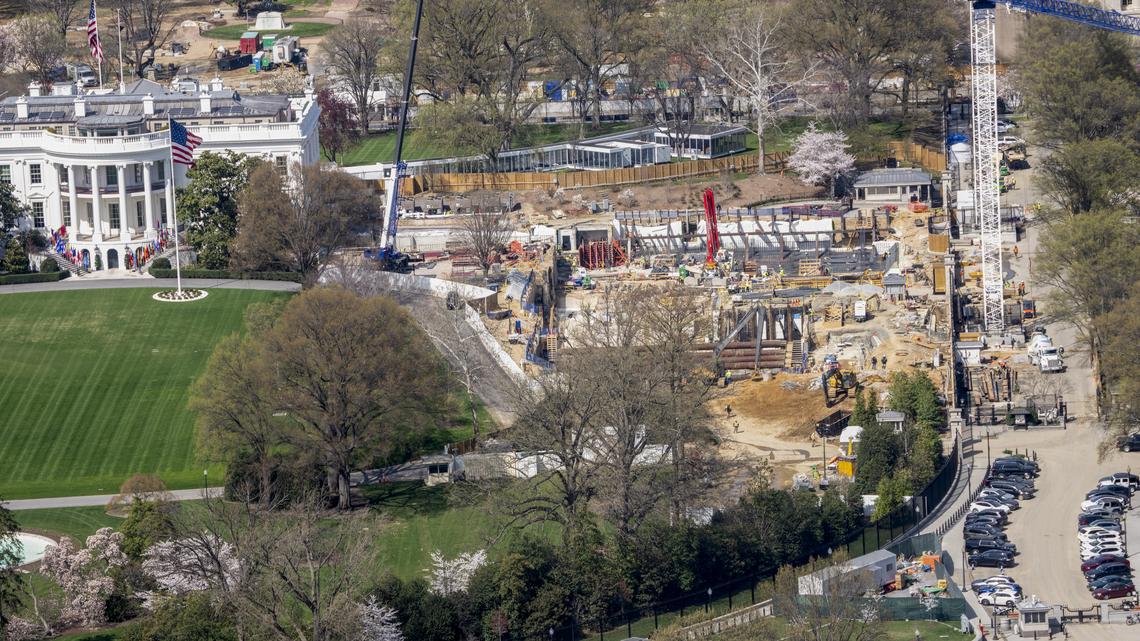 Construction of a new ballroom on the East Wing of the White House in Washington on March 25. Congressional Republicans are escalating their efforts to authorize the building of President Donald Trump's planned ballroom at the White House in the aftermath of the attack on a press gala in Washington on Saturday that exposed security vulnerabilities.