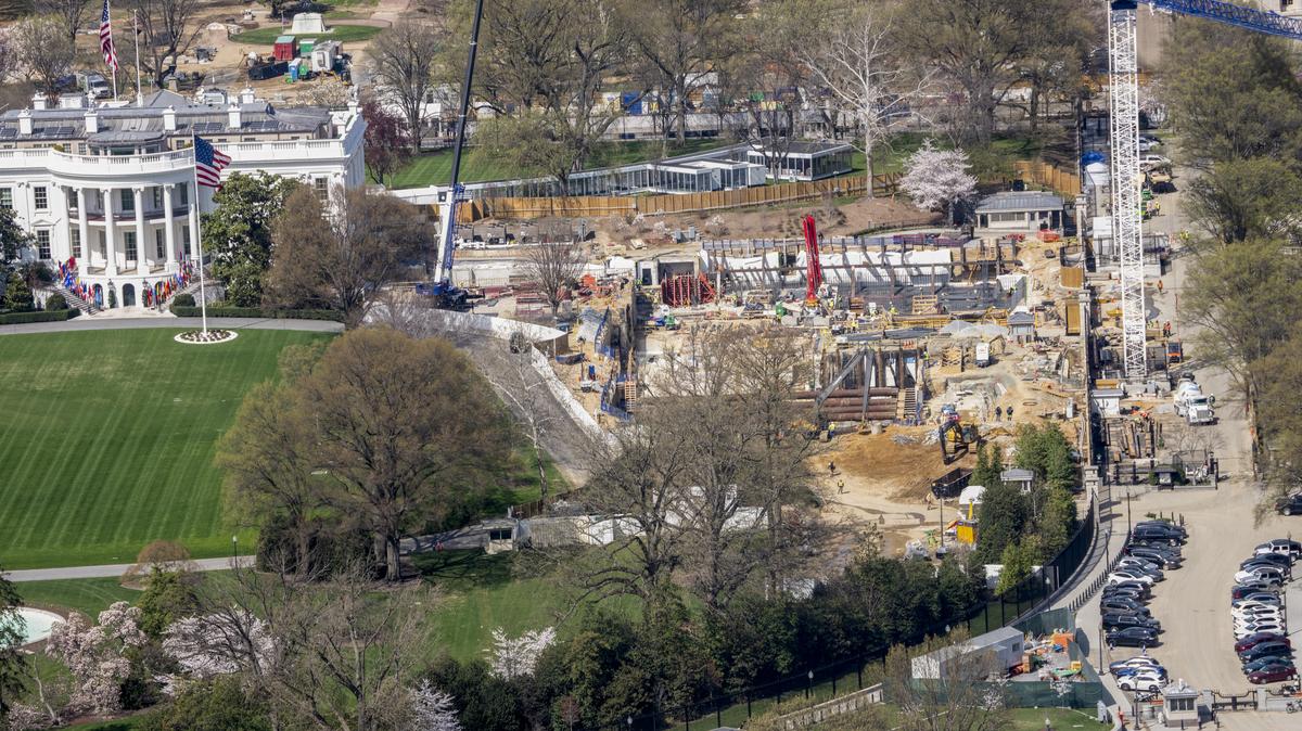 Construction of a new ballroom on the East Wing of the White House in Washington on March 25. Congressional Republicans are escalating their efforts to authorize the building of President Donald Trump's planned ballroom at the White House in the aftermath of the attack on a press gala in Washington on Saturday that exposed security vulnerabilities.
