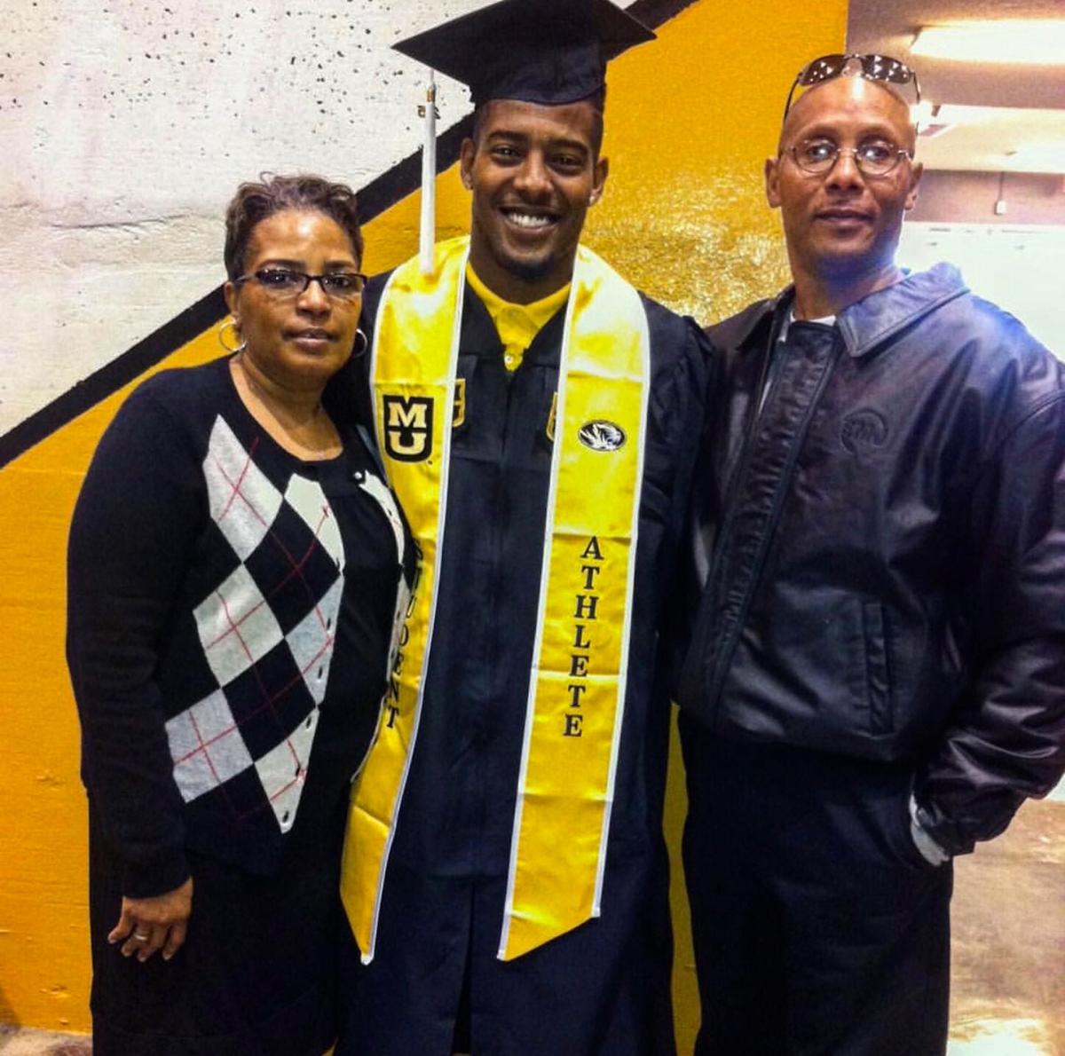 Former Mizzou safety Ian Simon, center, and his mother, Daphne, left, and father, Kim. Multiple players felt the boycott hurt their chances of being drafted to the NFL.