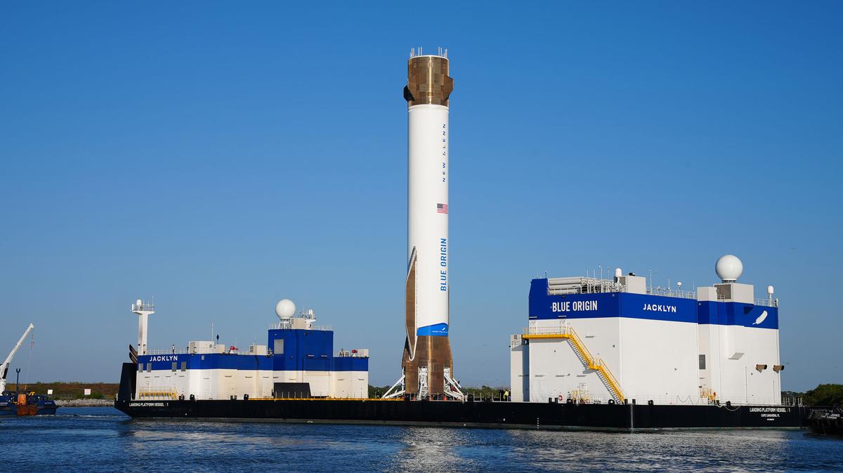 The first-stage booster used on the Blue Origin New Glenn NG-3 mission, named "Never Tell Me The Odds" returns on the recovery vessel Jacklyn to Port Canaveral on April 22, 2026. The booster was also flown and recovered after the NG-2 mission in November 2025. (Blue Origin/TNS)