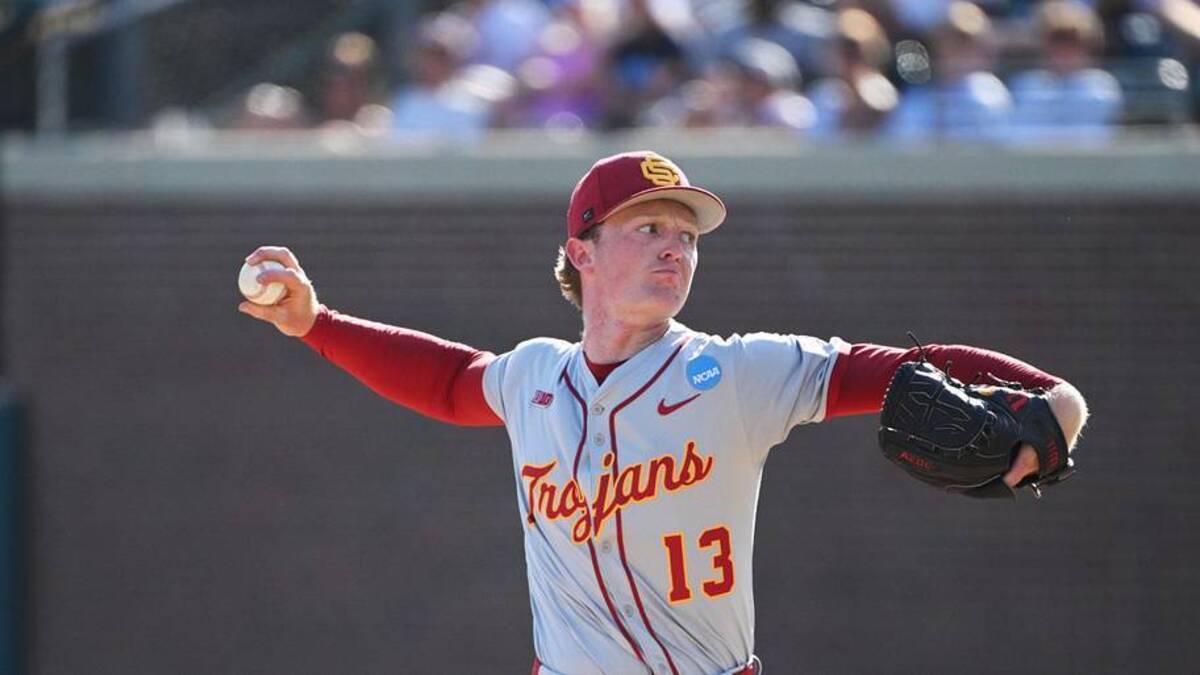  Jun 5, 2026; Chapel Hill, NC, USA; USC Trojans pitcher Andrew Johnson (13) pitches the ball to the North Carolina Tar Heels during the seventh inning at Boshamer Stadium. Mandatory Credit: Zachary Taft-Imagn Images | Zachary Taft-Imagn Images 