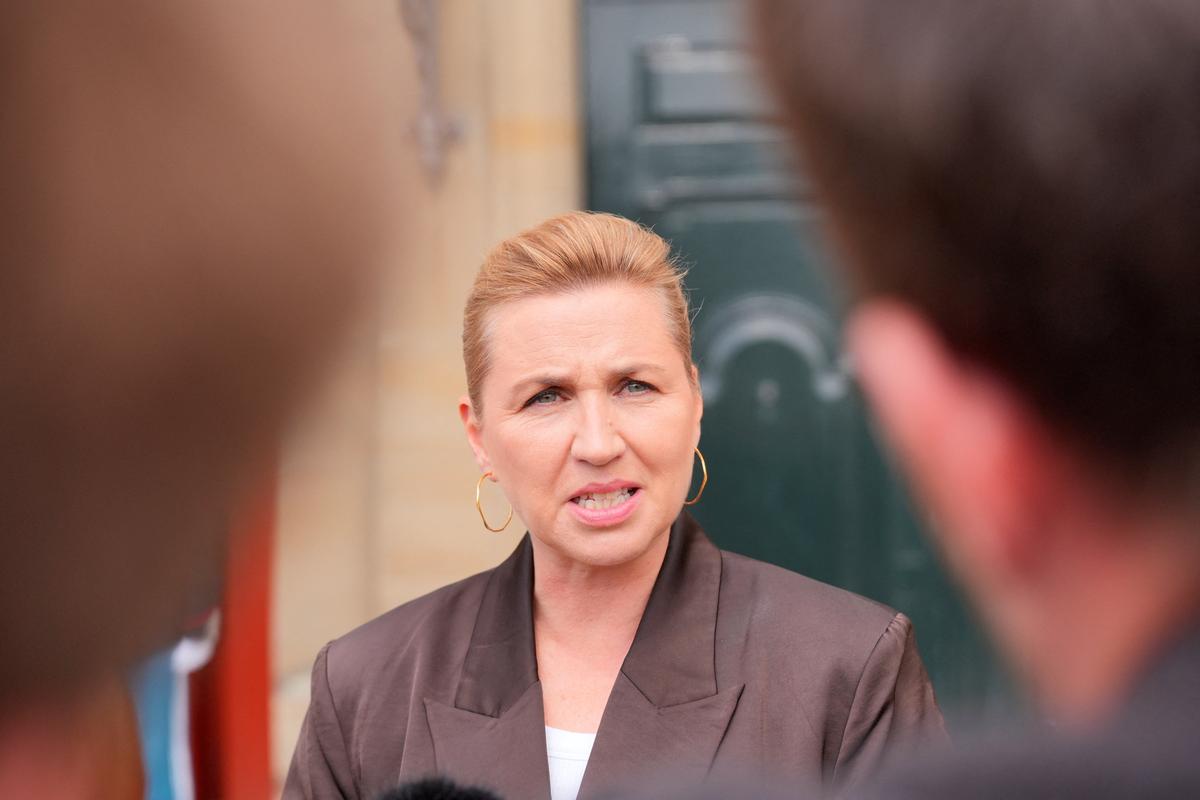 Denmark's acting Prime Minister Mette Frederiksen meets members of the media after her visit to the King at Amalienborg Palace in Copenhagen, Denmark, May 23, 2026.  Ritzau Scanpix/Emil Helms/via REUTERS