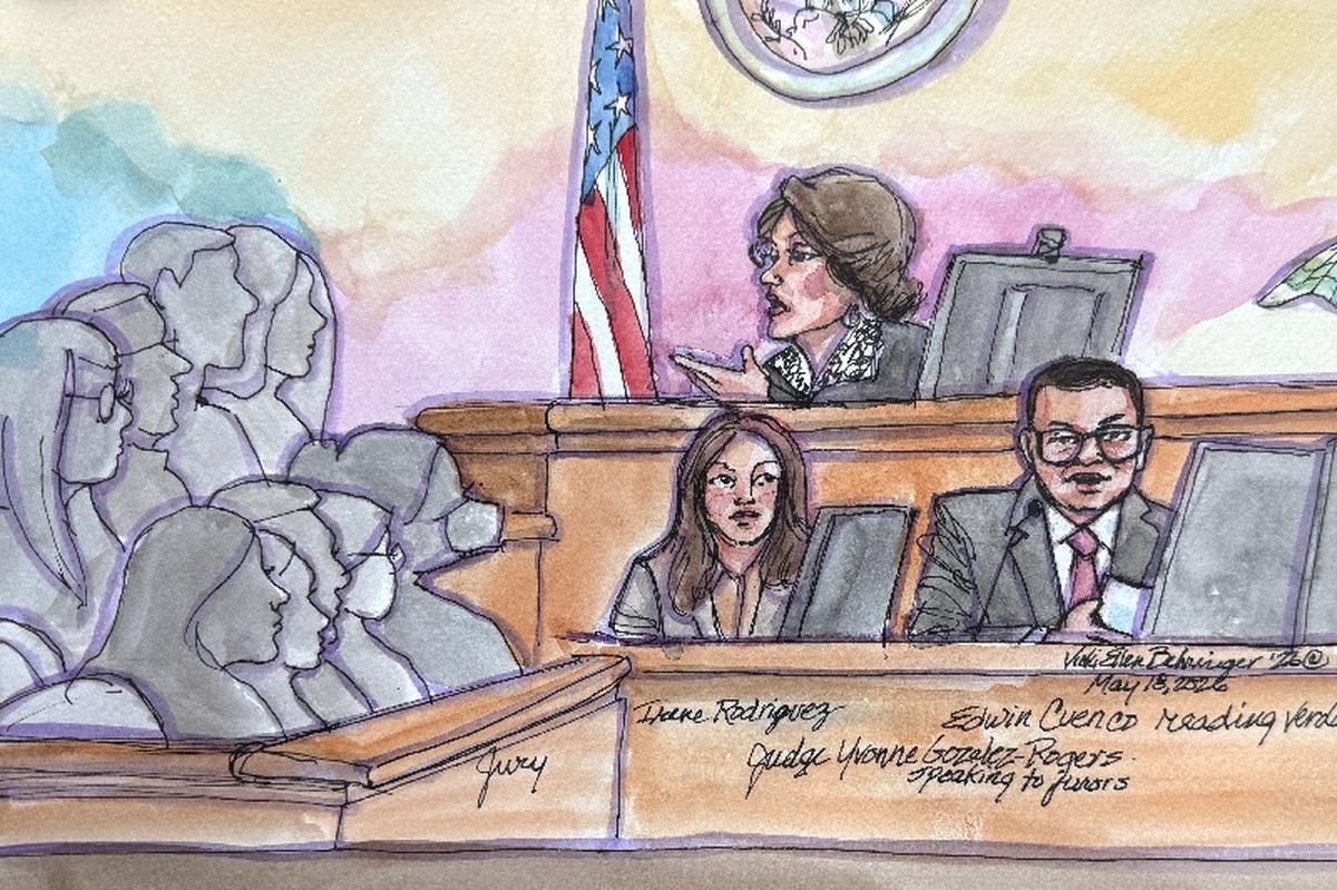 Designated courtroom deputy Edwin Cuenco reads the verdict before U.S. District Judge Yvonne Gonzalez Rogers at Elon Musk's lawsuit trial over OpenAI's for-profit conversion at a federal courthouse in Oakland, California, U.S., May 18, 2026 in a courtroom sketch.  REUTERS/Vicki Behringer.