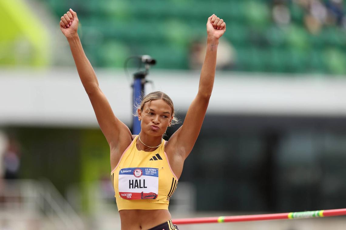  EUGENE, OREGON - JUNE 23: Anna Hall reacts while competing in the women's heptathlon high jump on Day Three 2024 U.S. Olympic Team Trials Track & Field at Hayward Field on June 23, 2024 in Eugene, Oregon. (Photo by Christian Petersen/Getty Images) 