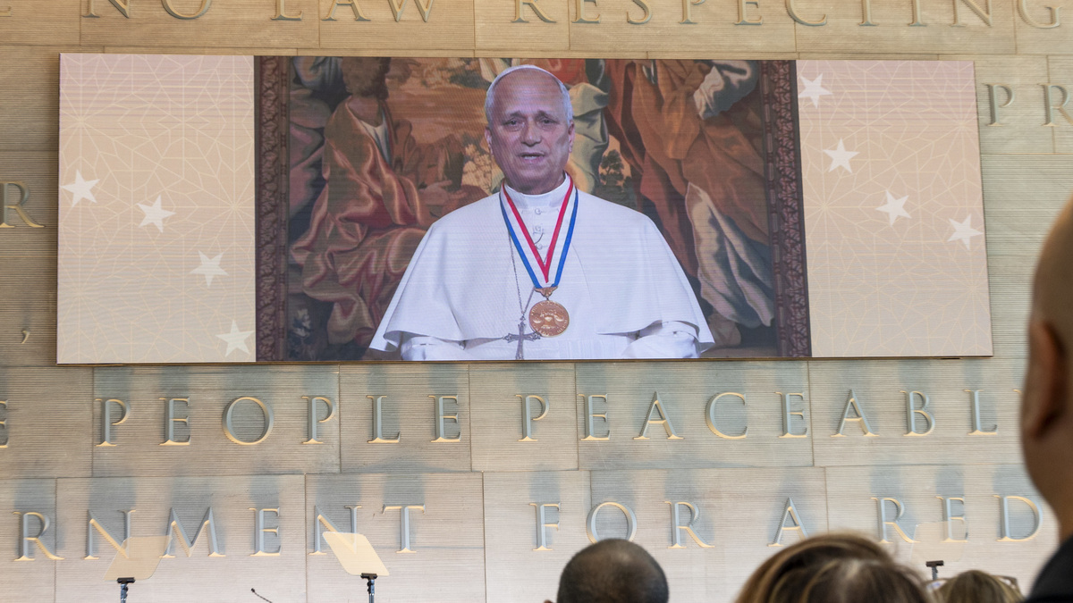 Pope Leo XIV speaks live from the Vatican to an audience at the Liberty Medal Ceremony at the National Constitution Center in Philadelphia on Friday, July 3, 2026. (Tyger Williams/The Philadelphia Inquirer/TNS)