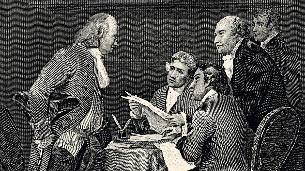 The men responsible for producing the Declaration of Independence, known as the Committee of Five, were, left to right: Benjamin Franklin, Thomas Jefferson, Roger Sherman, John Adams and Robert R. Livingston. 