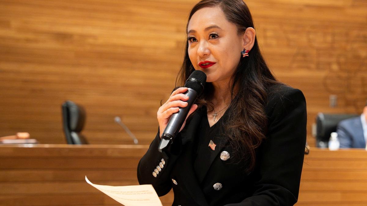FILE PHOTO: Eileen Wang speaks in Arcadia, California, U.S., in this handout image released on April 16, 2025. City of Arcadia - City Hall via Facebook/Handout via REUTERS/File Photo
