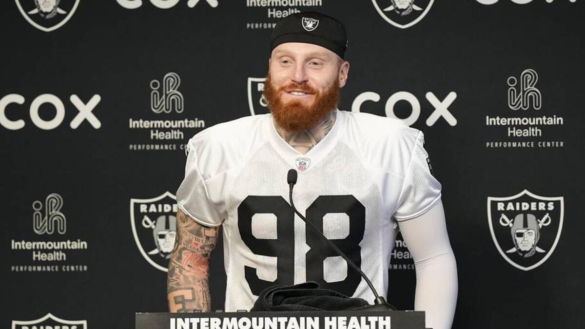  Jun 3, 2026; Henderson, NV, USA; Las Vegas Raiders defensive end Maxx Crosby (98) speaks during a news conference during organized team activities at Intermountain Health Performance Center. Mandatory Credit: Candice Ward-Imagn Images | Candice Ward-Imagn Images 