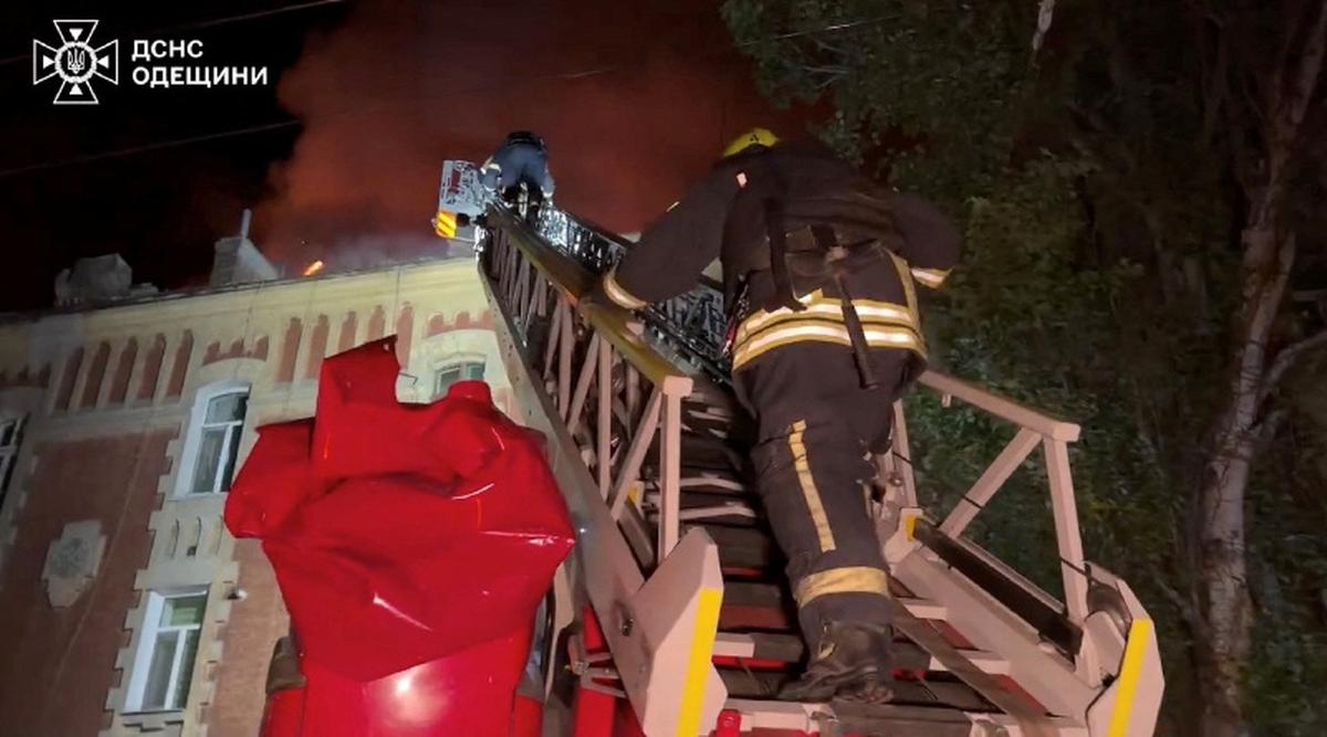 Firefighters work at the site of a Russian drone strike, amid Russia's attack on Ukraine, in the Odesa region, Ukraine, in this screengrab obtained from a handout video released on May 18, 2026. State Emergency Service Of Ukraine In Odesa Region/Handout via REUTERS