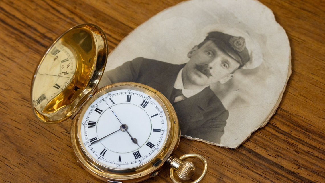 A watch owned by John Richardson, the sixth engineer aboard the RMS Carpathia. (Hansons Auctioneers via SWNS). 