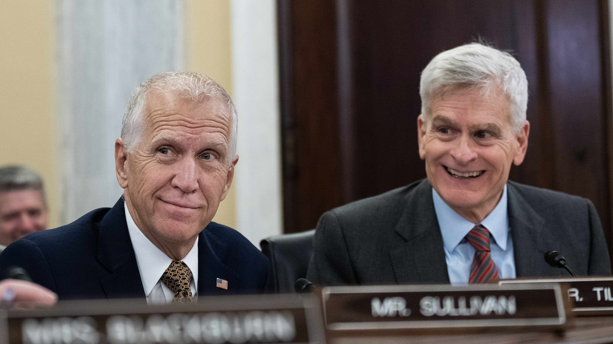 Thom Tillis, R-N.C., left, and Bill Cassidy, R-La., attend a Senate Veterans' Affairs Committee confirmation hearing in Russell building on April 1, 2025.