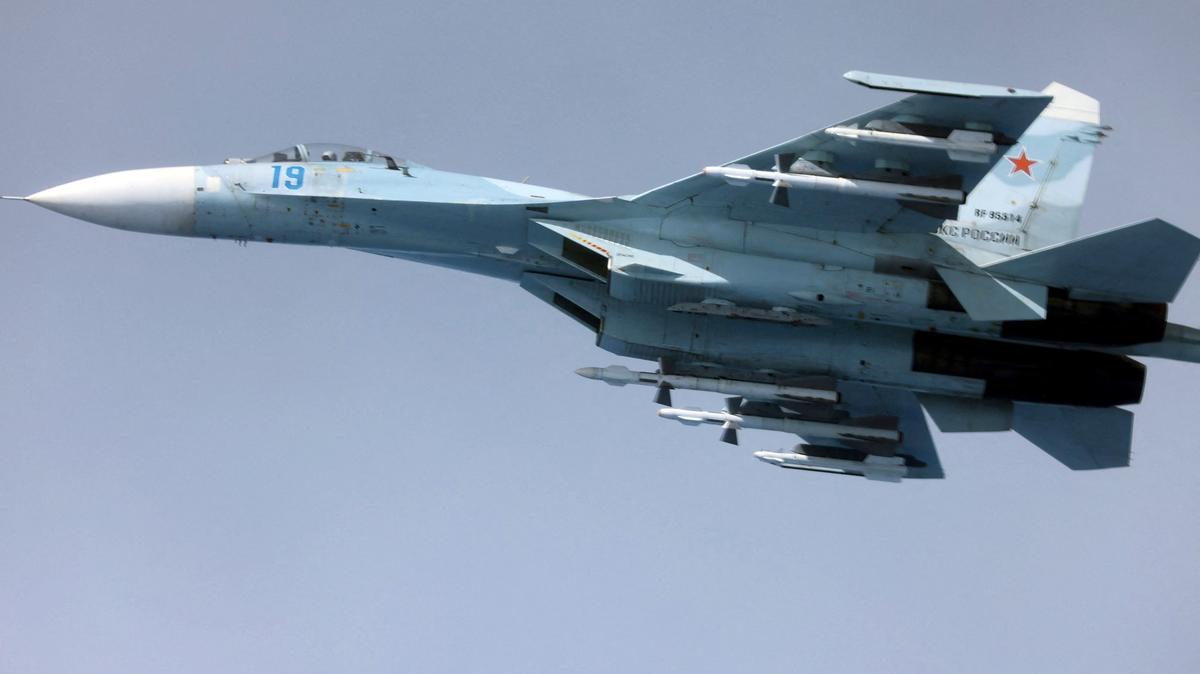 A Russian Su-27, flies over the Black Sea alongside an RAF Rivet Joint aircraft (not pictured) in April 2026. RAF/Handout via REUTERS    THIS IMAGE HAS BEEN SUPPLIED BY A THIRD PARTY.