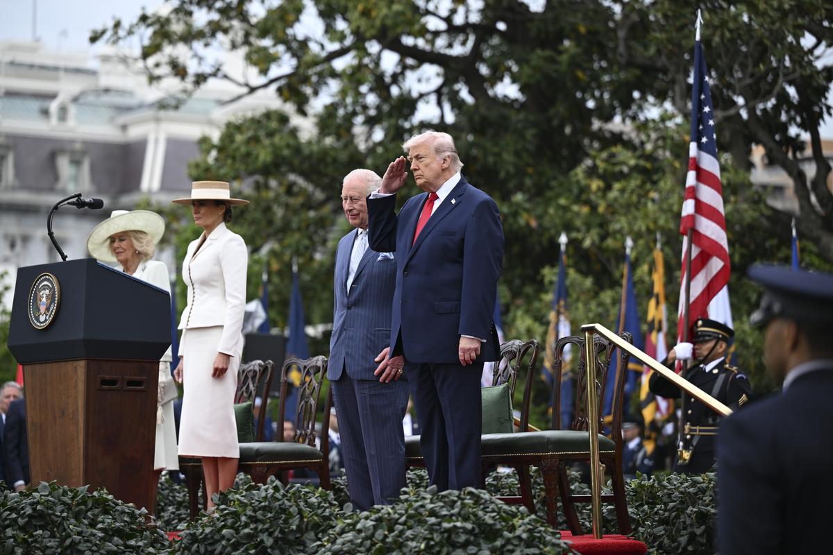 From right: President Donald Trump, King Charles III, first lady Melania Trump and Queen Camilla during an arrival ceremony on the South Lawn of the White House in Washington, on Tuesday, April 28, 2026. (Kenny Holston/The New York Times)