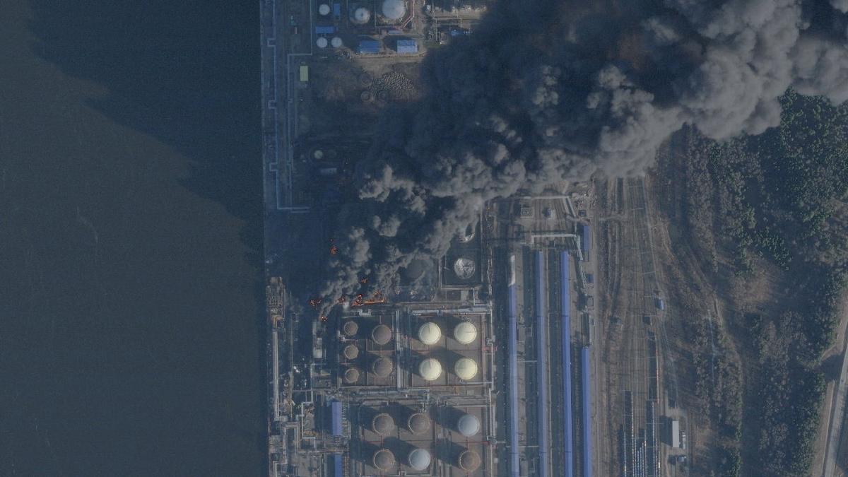 FILE PHOTO: A satellite image shows smoke rising from Russia's Baltic port of Ust-Luga after a Ukrainian strike on Wednesday, in Ust-Luga, Leningrad Oblast, Russia, in this handout picture obtainded by Reuters on March 27, 2026.  2026 Planet Labs PBC/Handout via REUTERS/File Photo