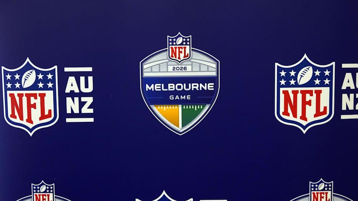  Feb 3, 2026; San Francisco, CA, USA; The logo for the 2026 NFL Melbourne game at the Super Bowl LX media center at the Moscone Center. Mandatory Credit: Kirby Lee-Imagn Images | Kirby Lee-Imagn Images 
