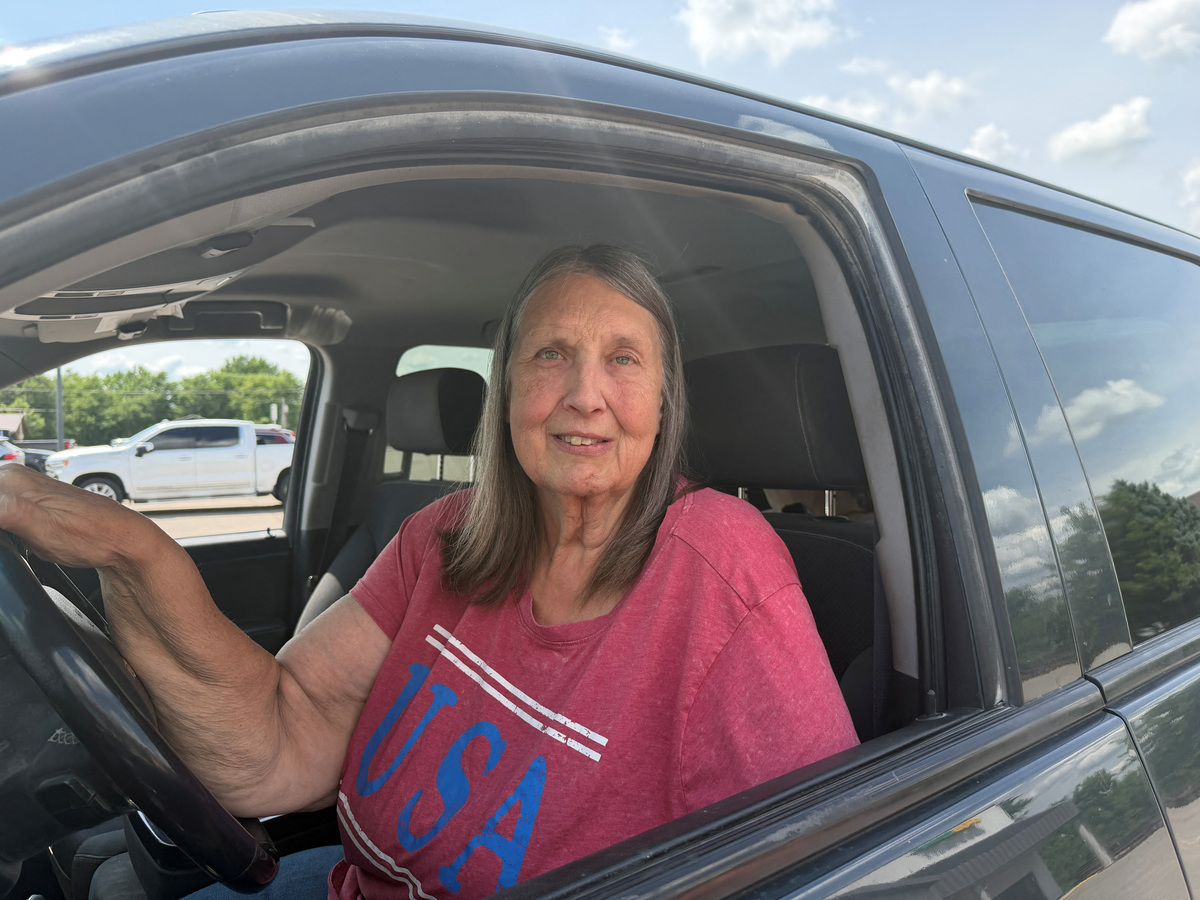 Bev Leffler, 72, poses for a picture after visiting the River Hills Community Health Center in Centerville, Iowa, U.S., June 23, 2026. Picture taken with a mobile phone. REUTERS/Nathan Layne