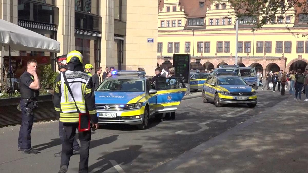 Police officers gather after a car ran into a crowd, in Leipzig, Germany, May 4, 2026, in this screengrab taken from a handout video. NEWS 5/Handout via REUTERS