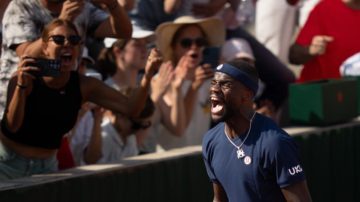 May 28, 2026; Paris, France; Frances Tiafoe of the United States celebrates winning his match against Hubert Hurkacz of Poland on day five at Stade Roland Garros. Mandatory Credit: Susan Mullane-Imagn Images
