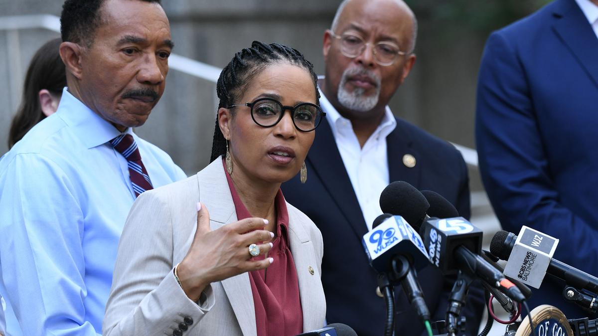 U.S. Sen. Angela Alsobrooks, D-Md., speaks during a news conference with Maryland Congressional leaders including U.S. Rep. Kweisi Mfume, ranking member of the U.S. House Oversight Subcommittee on Government Operations, and U.S. Rep. Glenn Ivey after they were denied access to the U.S. Immigration and Customs Enforcement holding facility in the George H. Fallon Federal Building to conduct an official oversight visit, July 28, 2025. (Kim Hairston/The Baltimore Sun/TNS)