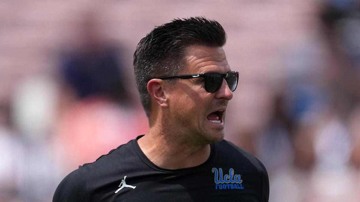  May 2, 2026; Pasadena, CA, USA; UCLA Bruins coach Bob Chesney reacts during the spring game at Rose Bowl. Mandatory Credit: Kirby Lee-Imagn Images | Kirby Lee-Imagn Images 