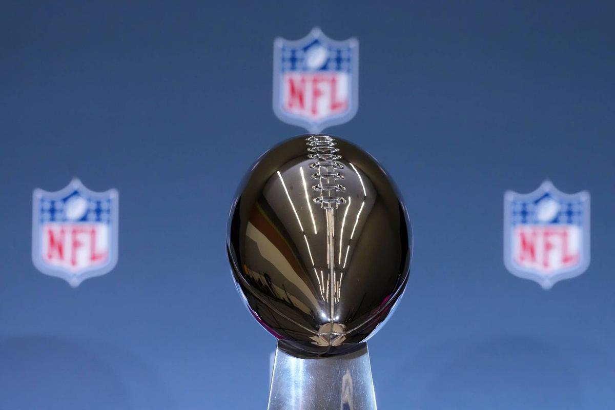  Feb 2, 2026; San Jose, CA, USA; The Vince Lombardi Trophy is displayed before a press conference for NFL commissioner Roger Goodell at San Jose Convention Center. Mandatory Credit: Kirby Lee-Imagn Images 