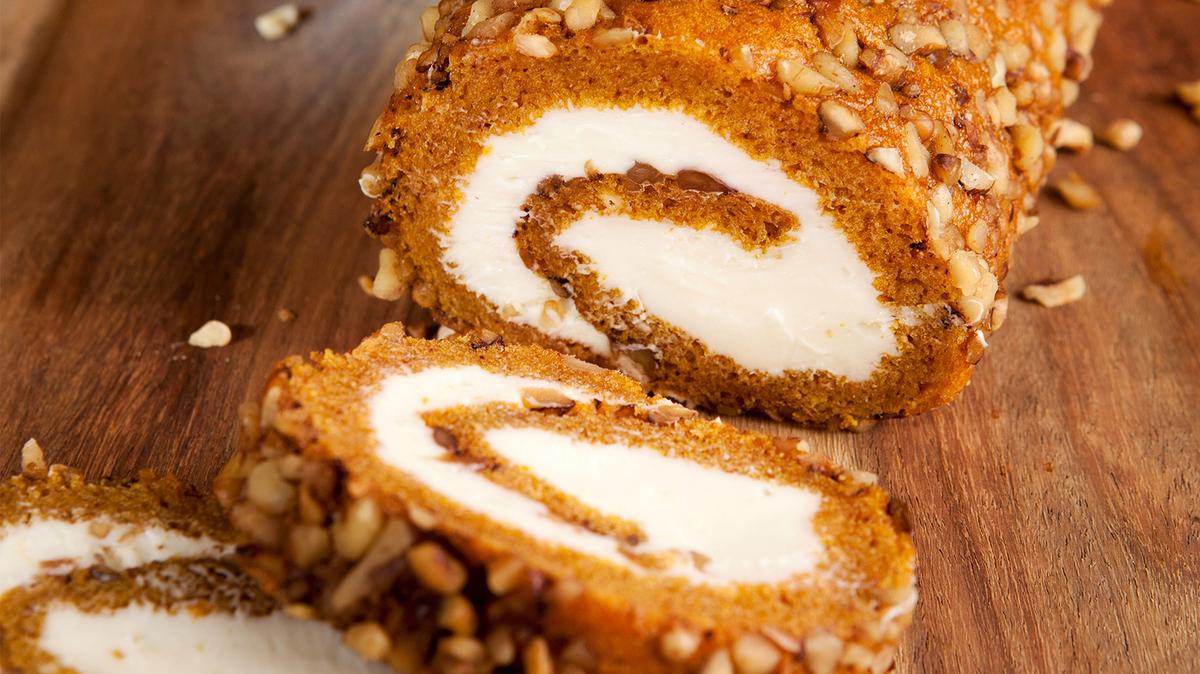 Close up of a sliced pumpkin roll