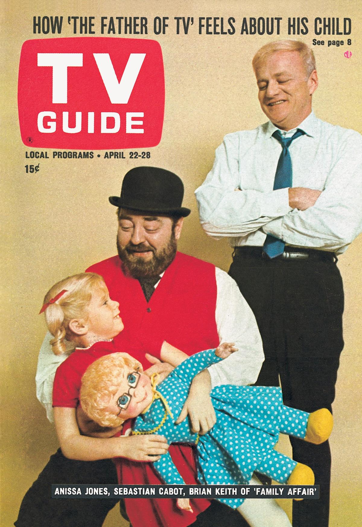 FAMILY AFFAIR, from left: Anissa Jones, Sebastian Cabot, Brian Keith, TV GUIDE cover, April 22-28, 1967.Ken Whitmore. TV Guide/courtesy Everett Collection