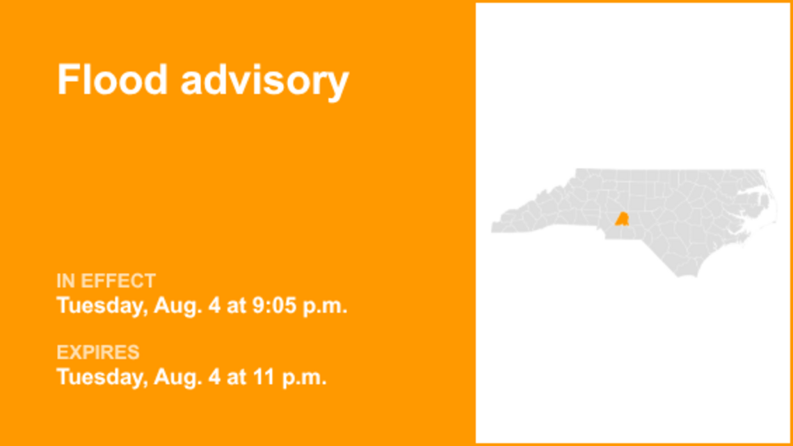 Flood advisory in place for Stanly County Tuesday night triggered by persistent downpours 