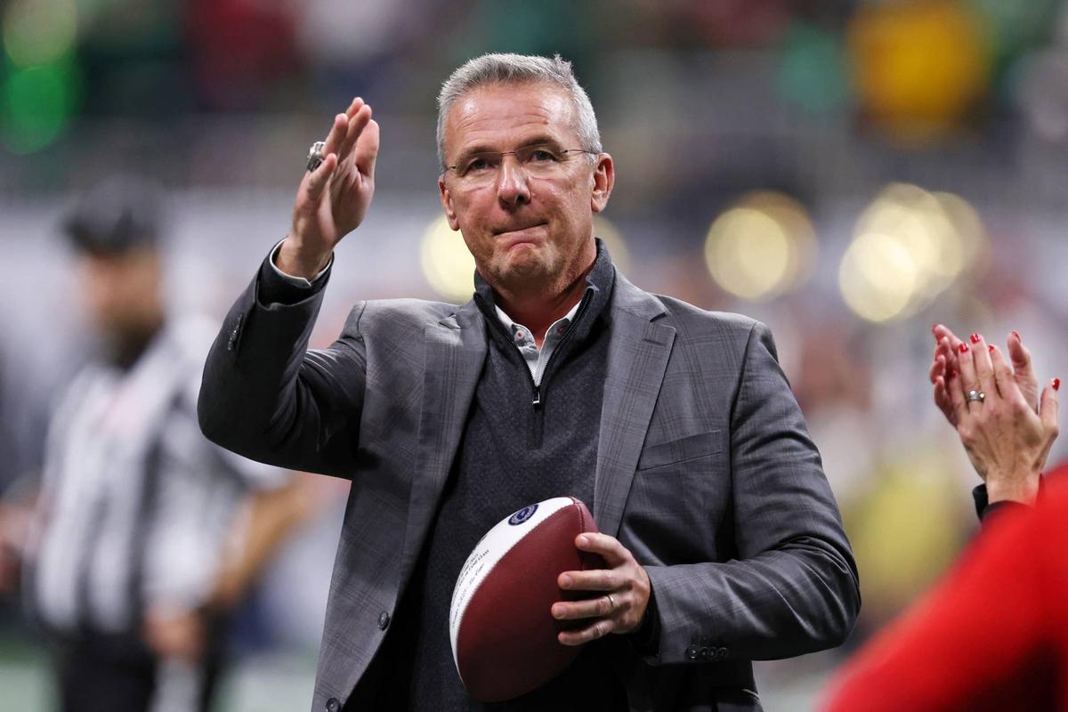  Jan 20, 2025; Atlanta, GA, USA; Urban Meyer looks on during the second half the CFP National Championship college football game at Mercedes-Benz Stadium. Mandatory Credit: Brett Davis-Imagn Images 