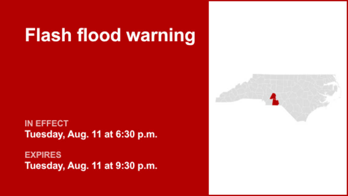 Flash flood warning active for Anson and Stanly counties Tuesday night 