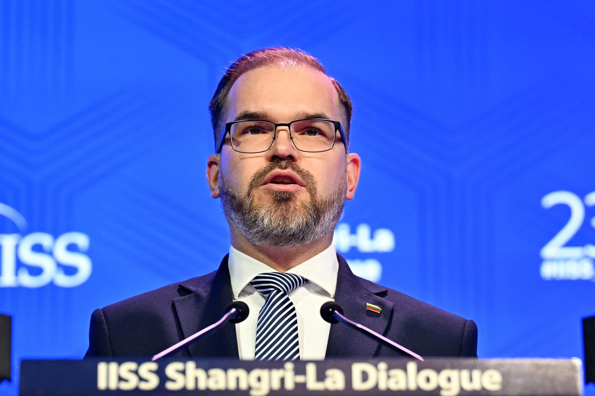 Robertas Kaunas, Lithuanian Minister of National Defence, speaks at the IISS Shangri-La Dialogue security summit in Singapore, May 30, 2026. REUTERS/Caroline Chia