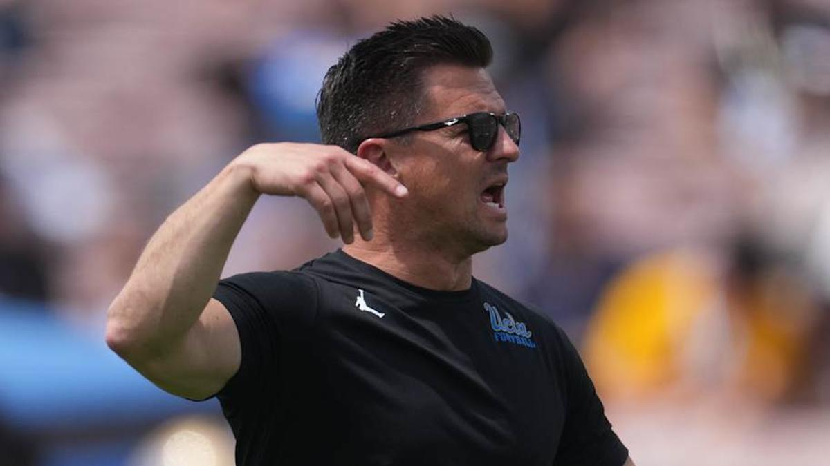  May 2, 2026; Pasadena, CA, USA; UCLA Bruins coach Bob Chesney reacts during the spring game at Rose Bowl. Mandatory Credit: Kirby Lee-Imagn Images | Kirby Lee-Imagn Images 