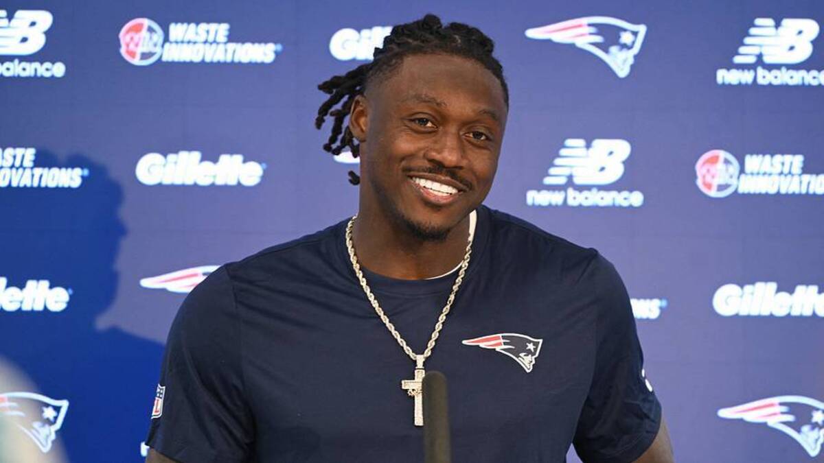  Jun 2, 2026; Foxborough, MA, USA; New England Patriots wide receiver A.J. Brown (1) speaks at a press conference after practice at the team's OTA at Gillette Stadium. Mandatory Credit: Eric Canha-Imagn Images | IMAGN IMAGES via Reuters Connect 