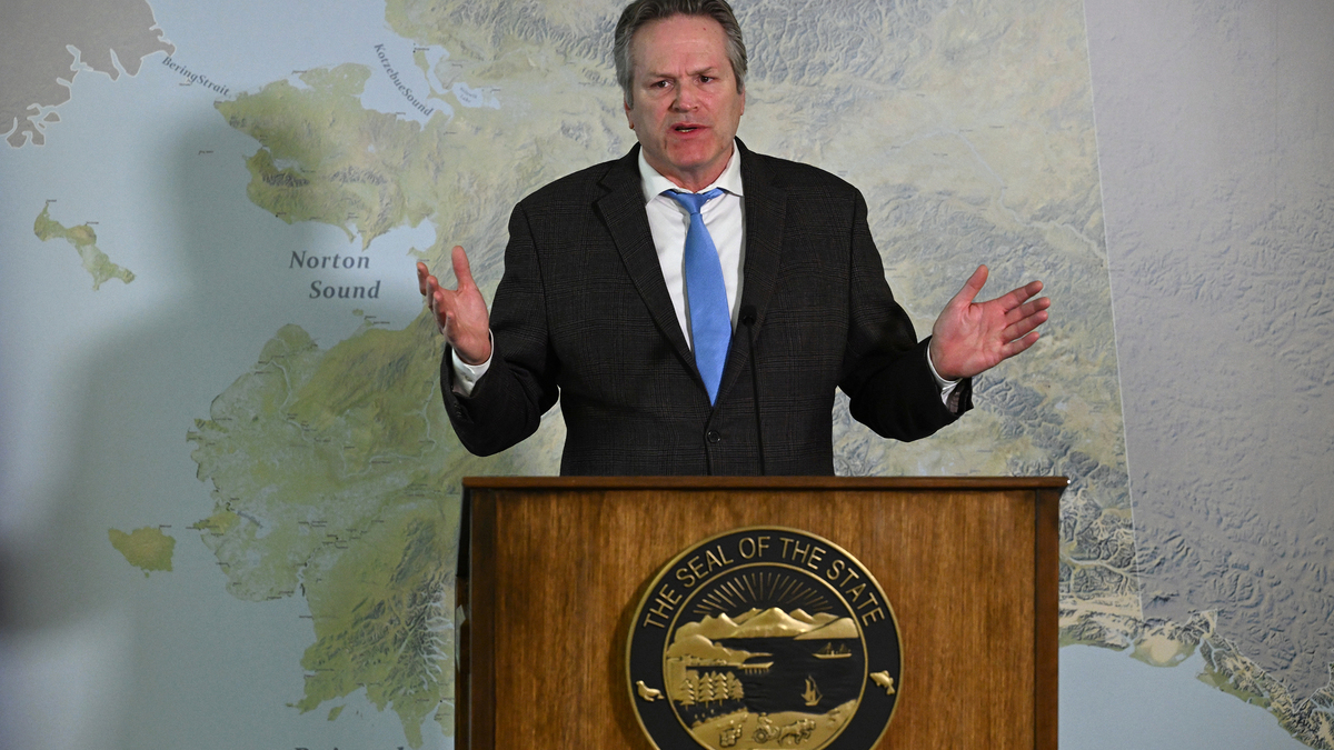 Alaska Gov. Mike Dunleavy spoke about the proposed Alaska LNG pipeline project during a press conference in Anchorage, Alaska, on Monday, May 4, 2026. (Bill Roth/Anchorage Daily News/TNS)