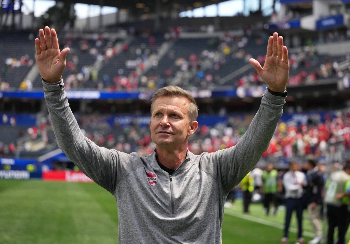  June 28, 2026; Inglewood, California, U.S.; Canada coach Jesse Marsch celebrates after the match. Mandatory Credit: Kirby Lee-Imagn Images 