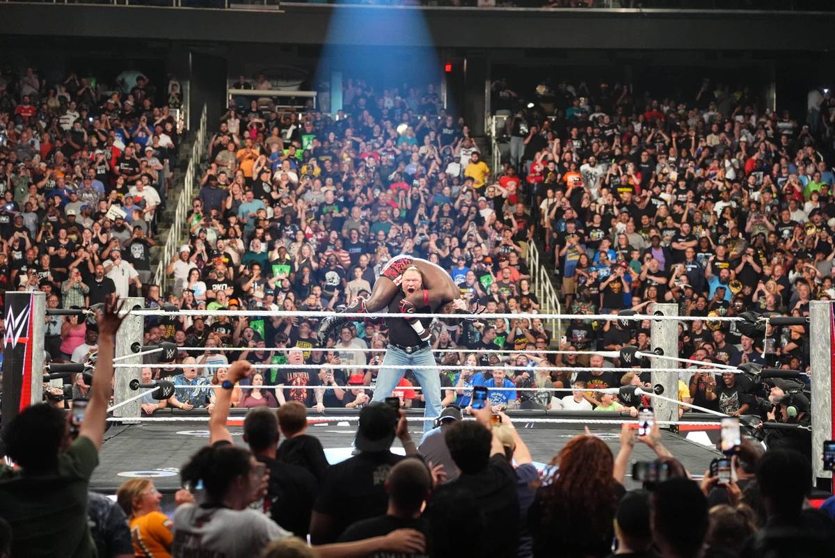  Brock Lesnar shocked WWE fans in Greensboro, North Carolina, sneaking behind Oba Femi during his entrance. Getty Images