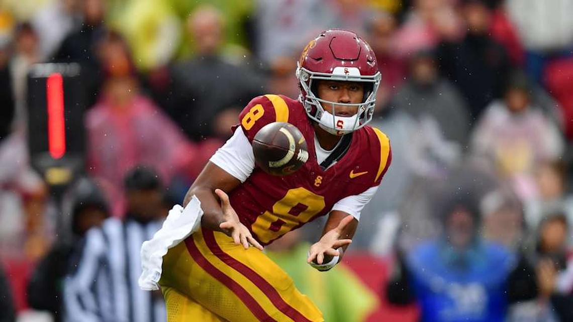  Nov 15, 2025; Los Angeles, California, USA; Southern California Trojans wide receiver Ja'Kobi Lane (8) catches a pass against the Iowa Hawkeyes during the first half at the Los Angeles Memorial Coliseum. Mandatory Credit: Gary A. Vasquez-Imagn Images | Gary A. Vasquez-Imagn Images 
