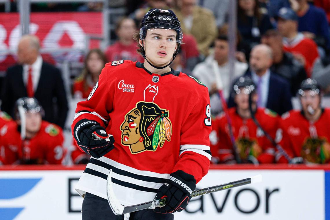  Chicago Blackhawks center Connor Bedard (98) looks on during a stoppage of play. Kamil Krzaczynski-Imagn Images