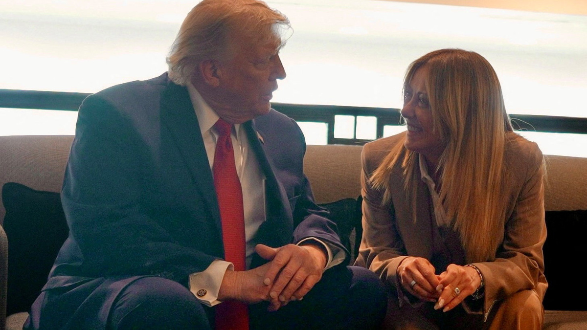 U.S. President Donald Trump speaks to Italian Prime Minister Giorgia Meloni on the sidelines of the G7 Summit in Evian-les-Bains, France, June 17, 2026. Italian Prime Ministry/Handout via REUTERS