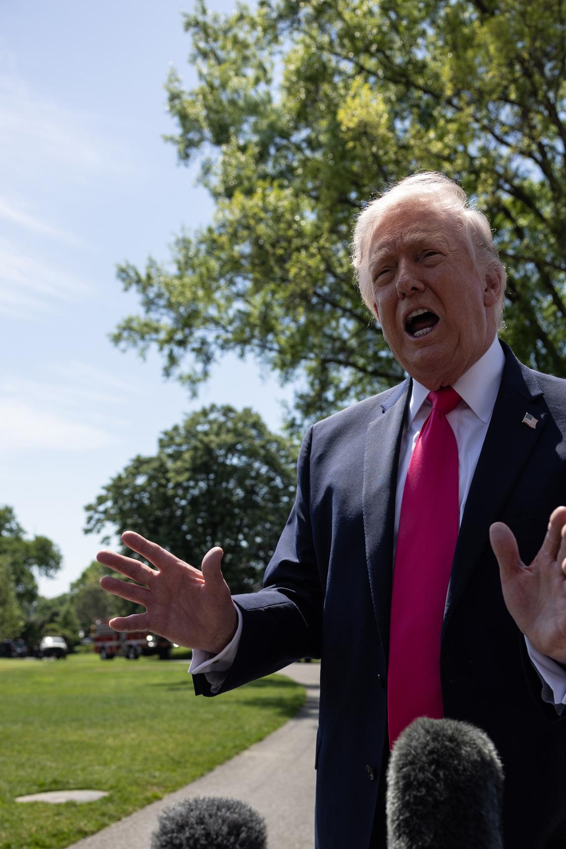 President Donald Trump speaks to reporters outside the White House as he departs Washington, on Thursday, April 16, 2026, en route to Las Vegas. President Trump announced on Thursday that the leaders of Israel and Lebanon have agreed to a 10-day cease-fire, a development that could bring an end to fighting between Israel and the Iranian-backed militant group, Hezbollah. (Anna Rose Layden/The New York Times)
