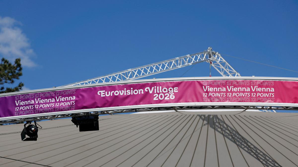 View of banners at the "Eurovision Village" next to the city hall in Vienna, Austria, May 8, 2026. REUTERS/Lisa Leutner