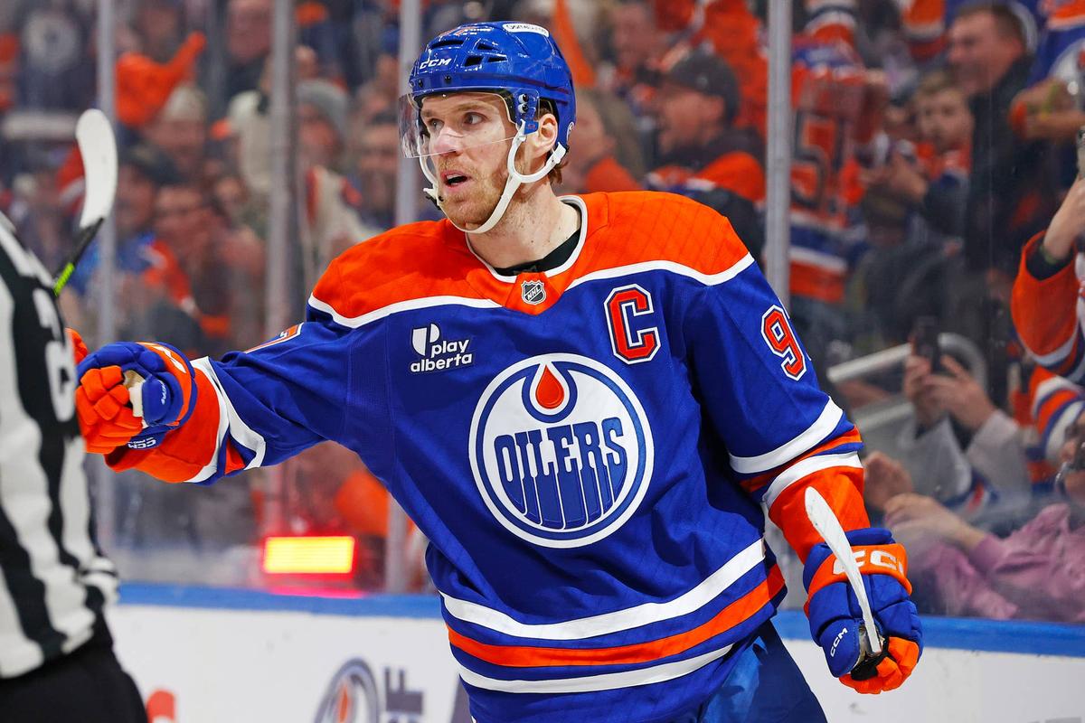  Connor McDavid (97) celebrates at Rogers Place. Perry Nelson-Imagn Images