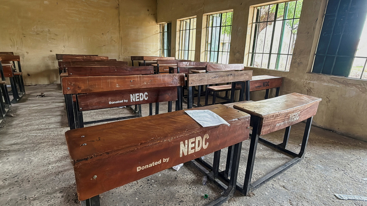 Chairs sit inside a classroom a day after gunmen stormed Government Day Secondary School and abducted students, in Lassa, Borno State, Nigeria, June 30, 2026. Picture taken with a mobile phone. REUTERS/Umaru Kirawa