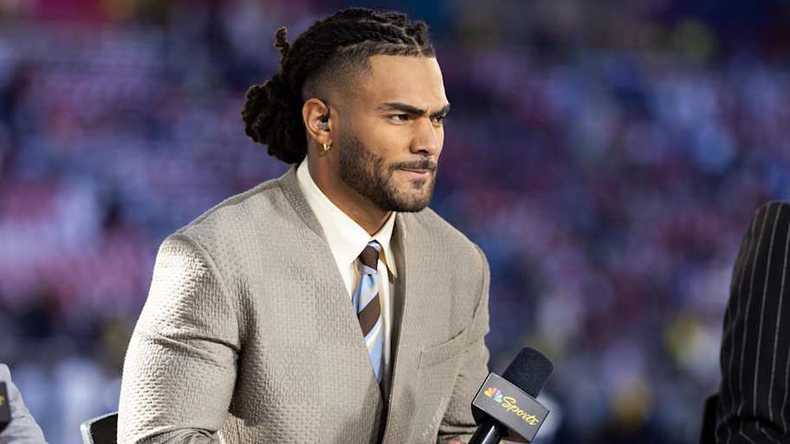  Feb 8, 2026; Santa Clara, CA, USA; NBC Sports analyst Fred Warner prior to the New England Patriots game against the Seattle Seahawks in Super Bowl LX at Levi's Stadium. Mandatory Credit: Mark J. Rebilas-Imagn Images | Mark J. Rebilas-Imagn Images 
