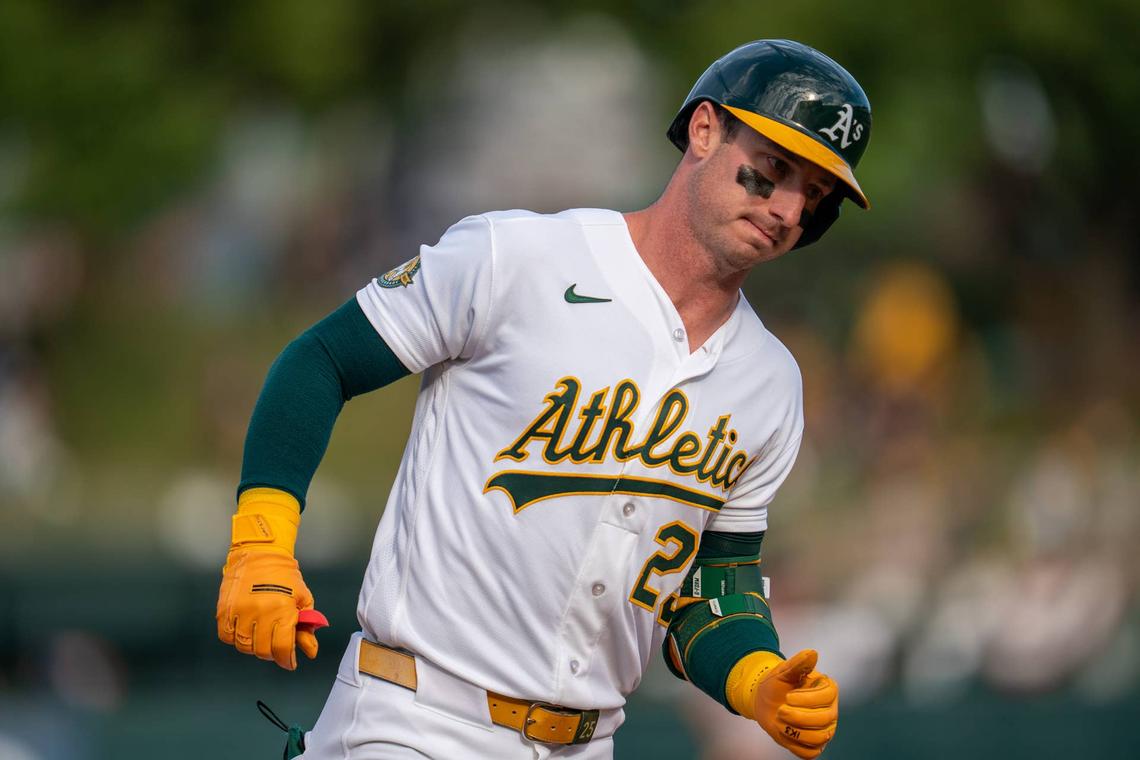  Athletics right fielder Brent Rooker (25) rounds the bases against the Houston Astros Neville E. Guard-Imagn Images