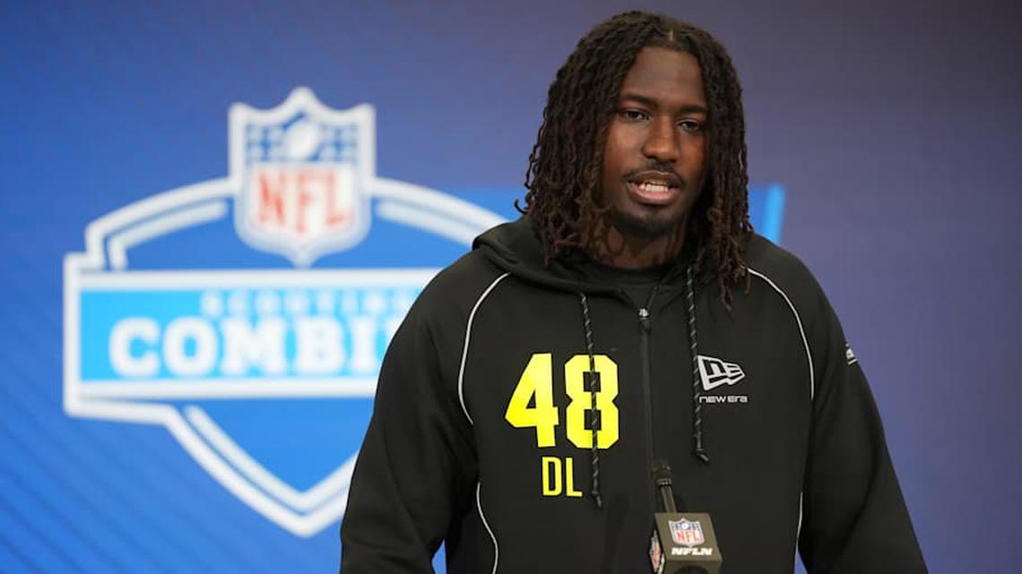  Feb 25, 2026; Indianapolis, IN, USA; UCF defensive lineman Malachi Lawrence (DL48) speaks during the NFL Scouting Combine at the Indiana Convention Center. Mandatory Credit: Kirby Lee-Imagn Images | Kirby Lee-Imagn Images 