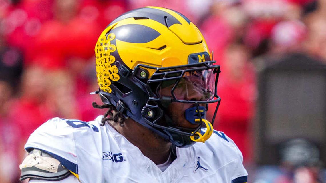  Sep 20, 2025; Lincoln, Nebraska, USA; Michigan Wolverines defensive lineman Rayshaun Benny (26) reacts after a sack against the Nebraska Cornhuskers during the second quarter at Memorial Stadium. Mandatory Credit: Dylan Widger-Imagn Images | Dylan Widger-Imagn Images 