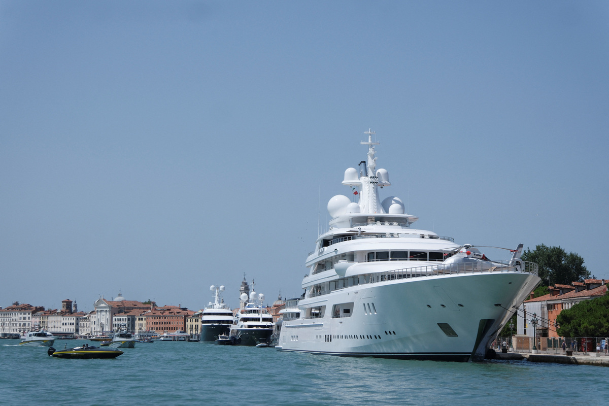 The mega-yacht belonging to Tilman J. Fertitta, the US Ambassador to Italy, has arrived in Venice, Italy, July 17, 2026. REUTERS/Manuel Silvestri