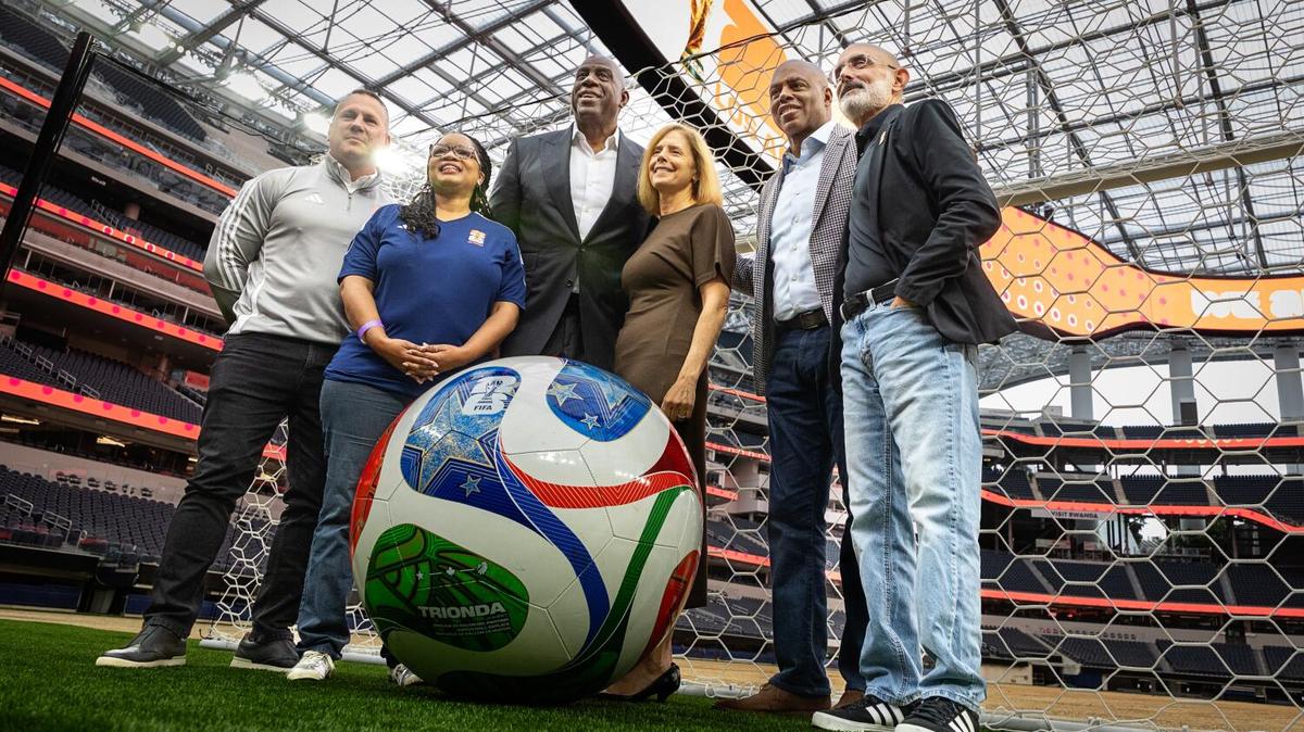 Inglewood, CA - May 12, 2026 : The Los Angeles World Cup 2026 Host Committee hold a media event at SoFi Stadium marking 30 days until the opening FIFA World Cup 2026 on Tuesday, May 12, 2026 in Inglewood, CA. (Jason Armond / Los Angeles Times)
