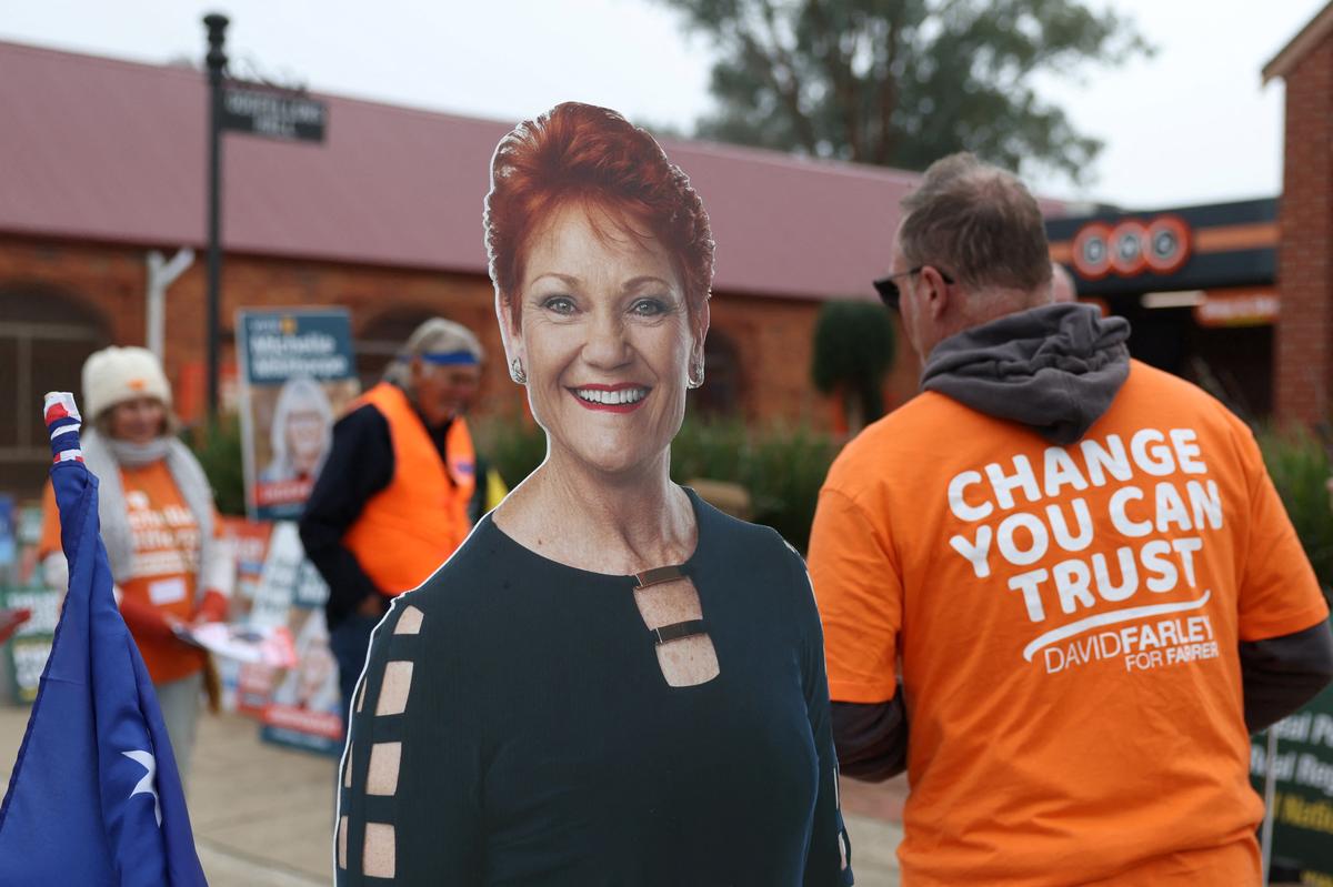 A campaign cutout depicting One Nation leader Pauline Hanson is displayed outside a pre-polling centre ahead of the Farrer by-election in Corowa, Australia, May 6, 2026. REUTERS/Hollie Adams
